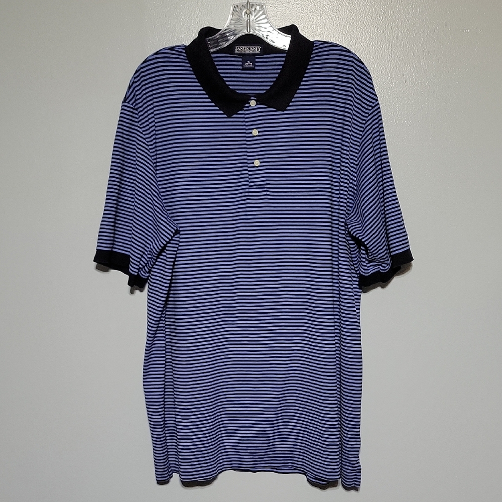 Lands End Mens Polo Blue Black Striped Short Sleeve Shirt Sz XL 100% Cotton